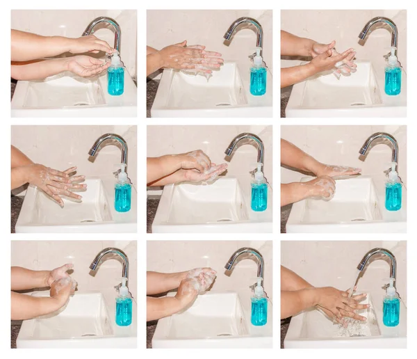 Hand Hygien Stegen Rengöring Händer Med Handtvätt Tvål Corona Virus — Stockfoto