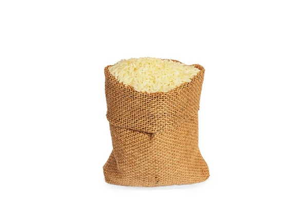白底麻袋中的米 — 图库照片