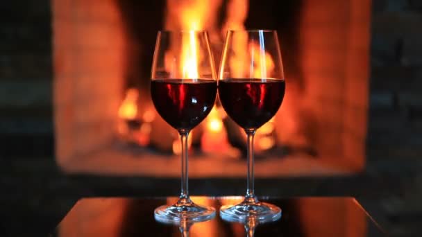 Two Glasses Red Wine Fireplace — Stock Video
