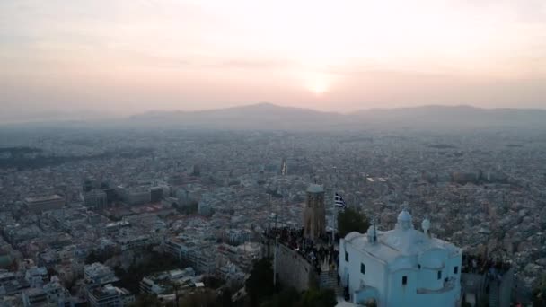 Athens Sunset Lycabettus Hill Aerial View Greece — Stock Video