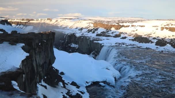 Prachtige Dettifoss Waterval Ijsland Winter Uitzicht Bij Zonsopgang — Stockvideo