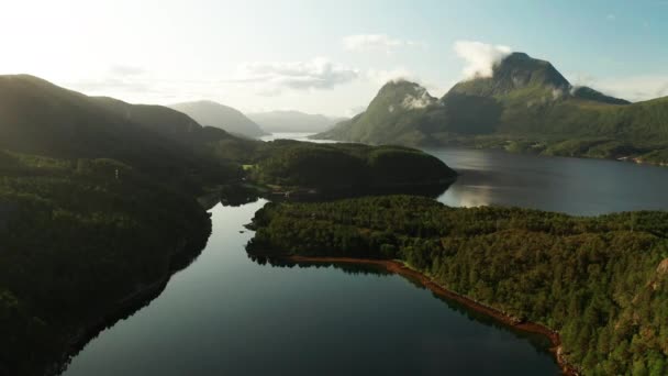 Vacker Norsk Fjord Vid Solnedgången Flygvy — Stockvideo