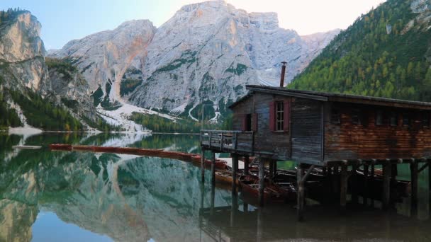 Lake Braies Pragser Wildsee Dolomites Sunset Sudtirol Ιταλία — Αρχείο Βίντεο