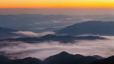 Dağlarda Misty Dawn. Güzel Sonbahar Manzarası 