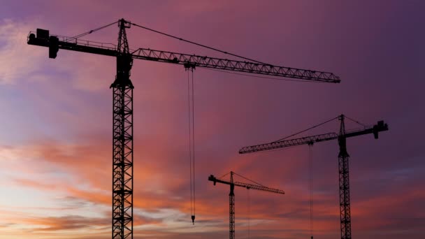 Silhuetas Guindastes Construção Fundo Belo Céu Pôr Sol — Vídeo de Stock