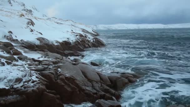 Schneefall Über Der Stürmischen See Norden — Stockvideo