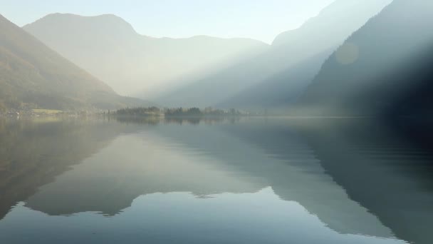 Vue Lever Soleil Célèbre Village Montagne Hallstatt Avec Lac Hallstatter — Video