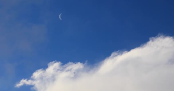 Cielo Del Atardecer Con Luna Nubes Cielo Azul — Vídeos de Stock