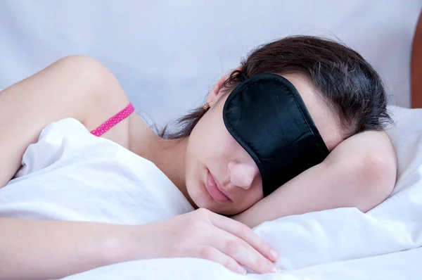 Girl Brunette Asleep Black Mask — Stock Photo, Image