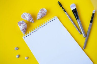 Not defteri, kabuklar ve sarı arkaplanda kozmetik fırçalar.