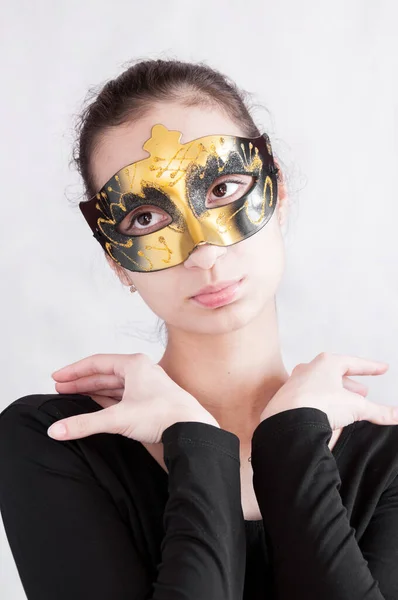 Girl Brunette Theatrical Mask Put Her Hands His Shoulders — Stock Photo, Image