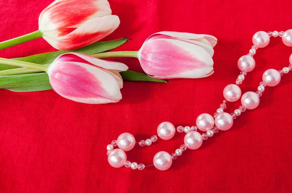 Tulpaner Och Rosa Pärla Halsband Röd Bakgrund — Stockfoto