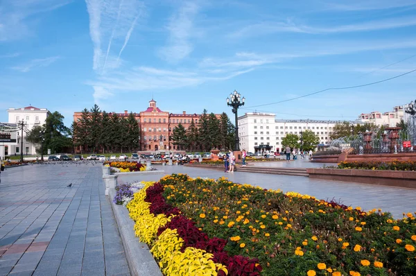Russia Khabarovsk Agosto 2019 Aiuola Piazza Lenin Sulla Strada Principale — Foto Stock