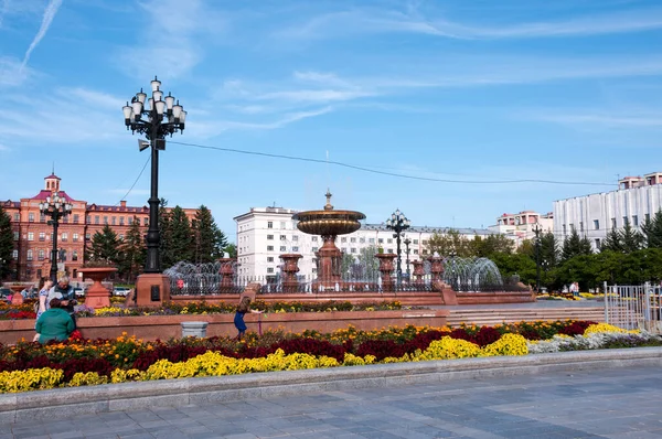 Russia Khabarovsk Agosto 2019 Fontana Piazza Lenin Sulla Strada Principale — Foto Stock