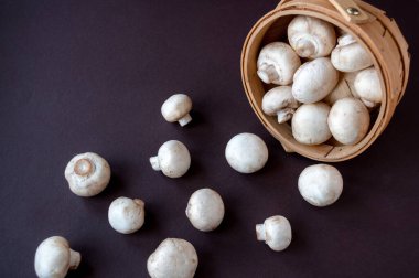 Kahverengi arka planda mantarlı ters sepet.