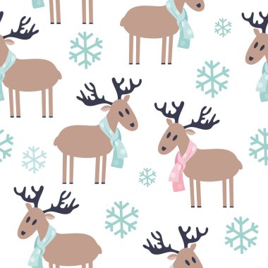Eşarplı şirin bir geyik. Renkli, pürüzsüz bir desen çizmiş. Ormandaki hayvanlar kış karikatürü karakterleri. Noel çizimi. Paket kağıdı, tekstil