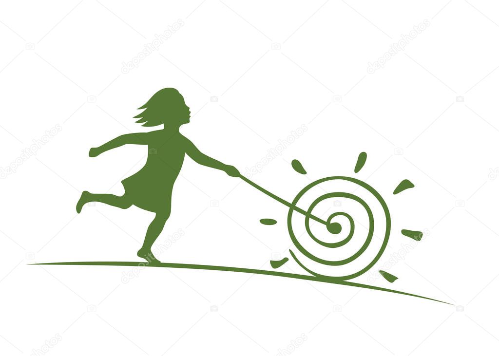 Girl rolls a hoop, baby spins the wheel. Children outdoor game in the summer holiday. Hand drawn vector illustration of a happy childhood.