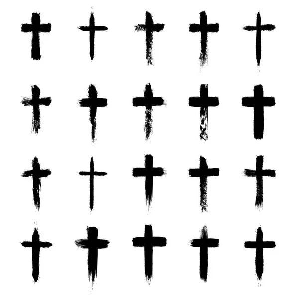 Set Simboli Grunge Cross Croci Cristiane Segni Religiosi Icone — Vettoriale Stock
