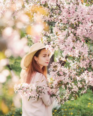 Çiçekli elma bahçesi. Hasır şapkalı ve pembe bluzlu beyaz bir kız. Ağaçlardaki çiçekler pembedir. Kızın uzun kızıl saçları rüzgarda dalgalanıyor. Gün batımı parlak fotoğraf