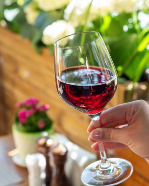 Bardakta soğuk şarap. Kız elinde bir bardak tutuyor. Yeşil arka plan. Yaz terası. Güneş parlıyor ve hava çok sıcak. Alkolik içecek. Kırmızı şarap..