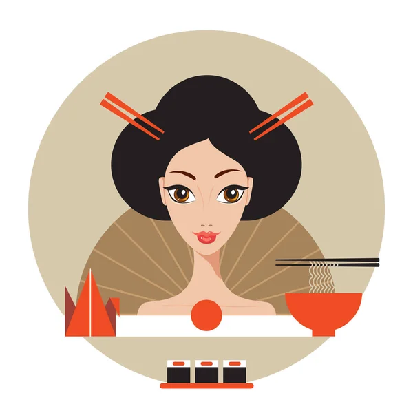 艺伎寿司折纸与面条的美丽日本旅游横幅。 — 图库矢量图片