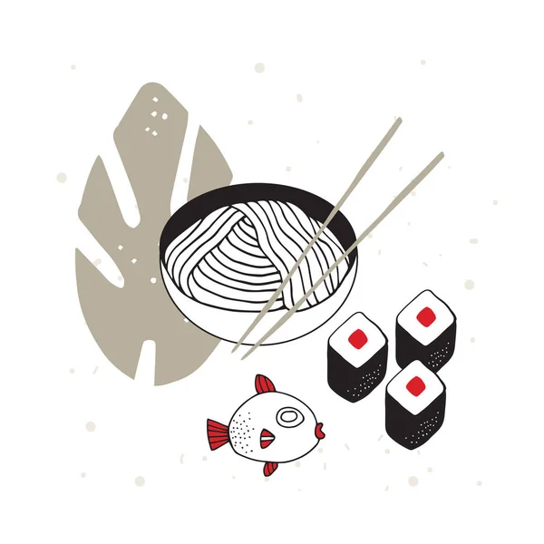 Tazón de fideos dibujado a mano con palillos Sushi Fish Cocina asiática — Vector de stock