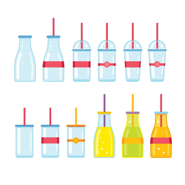 Set Tassen und Flaschen mit Strohhalmen — Stockvektor