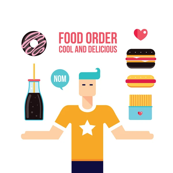 Joven y los iconos de comida rápida conjunto — Vector de stock