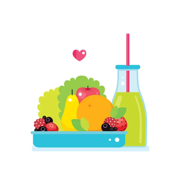 Tazón con frutas y botella de jugo de batido — Vector de stock