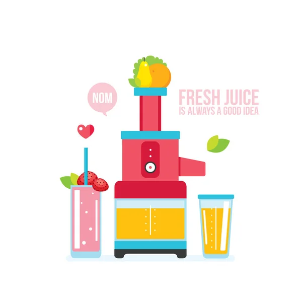 Juicer colorido aparato de cocina y frutas — Vector de stock