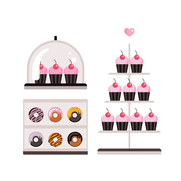 Deliciosos postres dulces Donuts Cupcakes — Vector de stock