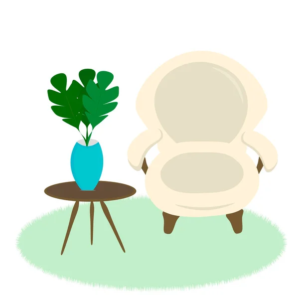 Modern Room Design Cozy Comfortable Furniture Chair Fleecy Carpet Table — Stock Vector