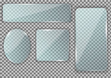 Cam, oval ve dikdörtgen şeklinde dört tip ayna, yuvarlak köşeli bir kare. Saf yansıma, yanıp sönen parıltı. Aydınlatılmış pencere ekle. Gerçekçi cam ekran. Vektör