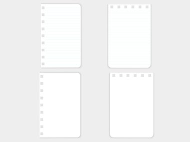 Kırtasiye malzemesi, kare kollu bir defter için beyaz kağıtlar, yay ile bağlanmak için delikler, gri bir arka plan. Notlar için sayfa sayfaları, soyut. Vektör resmi.