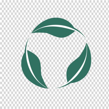  Eko geri dönüşüm işareti. Yaprakların daire şeklinde düzenlenmesi. Çevre koruma ikonu, atık geri dönüşümü. Logo düz tasarım şablonu. Vektör resmi.