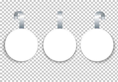 Çıkartma beyaz, yalpalayıcı plastik bir bantta asılı, soyun. Terfi pansiyonu için boş bir şablon. Ürünün değerini, etiketini, etiketini süpermarketin rafına etiketle. Vektör.