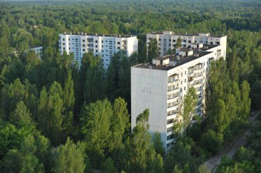 Ormanda terk edilmiş evler, Pripyat hayalet kasabası, kıyamet sonrası şehir, Çernobil sınırlama bölgesinde yaz mevsimi, Ukrayna