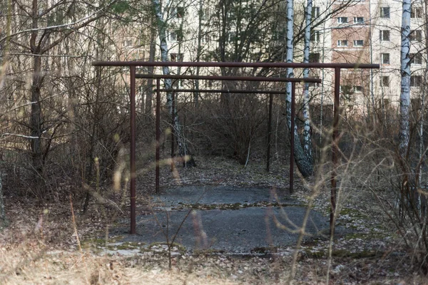 Yard Abandoned Ghost Town Pripyat Post Apocalyptic City Spring Season — Stock Photo, Image