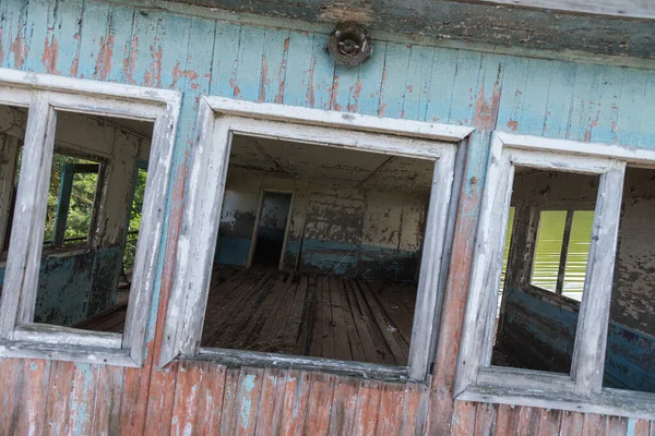 Abandoned ship near Pripyat, post apocalyptic city, summer season in Chernobyl exclusion zone, Ukraine