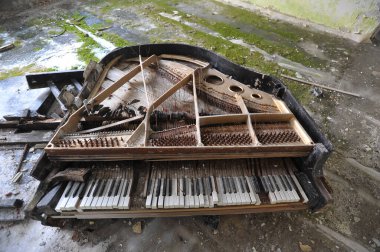Pripyat 'ta terk edilmiş müzik okulu, kırık piyano, Çernobil Bölgesi, Ukrayna