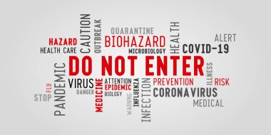 Coronavirus anahtar kelime bulut tipografisi etiketli Girilmez. Covid-19 'a karşı verilen mücadelenin teması üzerine kırmızı ve siyah yazıtlar.
