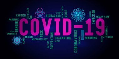 Covid-19 kelime etiketi koyu arkaplandaki tipografiyi işaret ediyor. Virüs enfeksiyonuna karşı verilen mücadelenin ana teması.