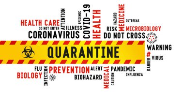 Karantina kelime etiketi beyaz arka planda çizgili bantla tipografiyi karantinaya alıyor. Coronavirüs enfeksiyonuna karşı mücadele teması üzerine yazıtlar.