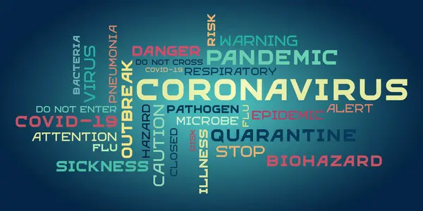 Coronavirus Słowo Znacznik Chmura Liternictwo Typografia Ciemnym Tle Wielokolorowe Słowa — Wektor stockowy