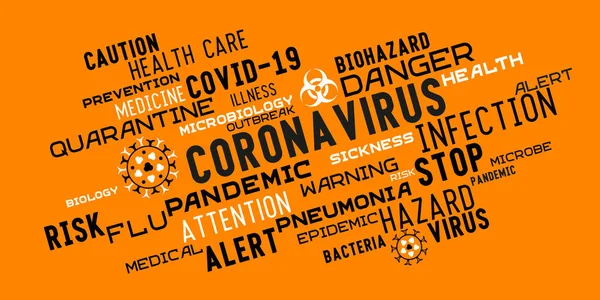 Coronavirus Słowo Znacznik Chmura Liternictwo Typografia Koronawirusem Stylizowane Ikony Pomarańczowym — Wektor stockowy