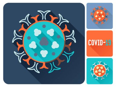 COVID-19 Coronavirus enfeksiyonu düz uzun gölge simgeleri ayarlandı. Biçimlendirilmiş virüs vektör çizimlerine sahip tasarım ögeleri.