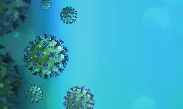 Render of the low poly coronavirus infection model on a light blue background. Stylized medical illustration of the COVID-19 virus. Layout with copy space.
