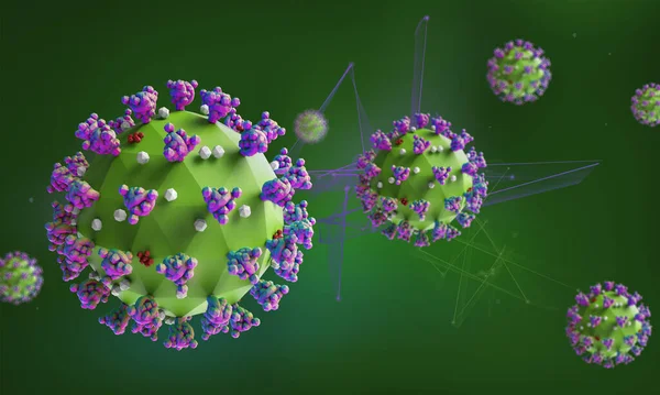 Low poly render of the coronavirus model on a green background. Stylized colorful medical illustration of the COVID-19 infection.