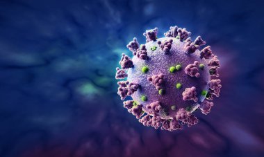 COVID-19 enfeksiyonunun tıbbi çizimi. Koyu mavi arkaplan üzerinde Coronavirus modelinin stilize edilmiş görüntüsü. 