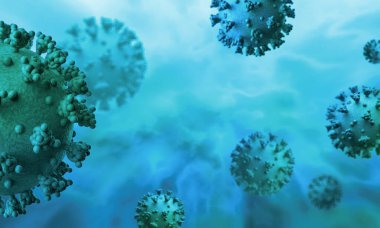 Mavi arka planda Coronavirus modeli. COVID-19 enfeksiyonunun stilize edilmiş tıbbi çizimi. 
